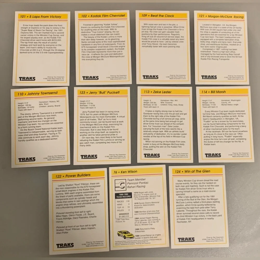 Kodak Racing Trading Cards - Yellow Set